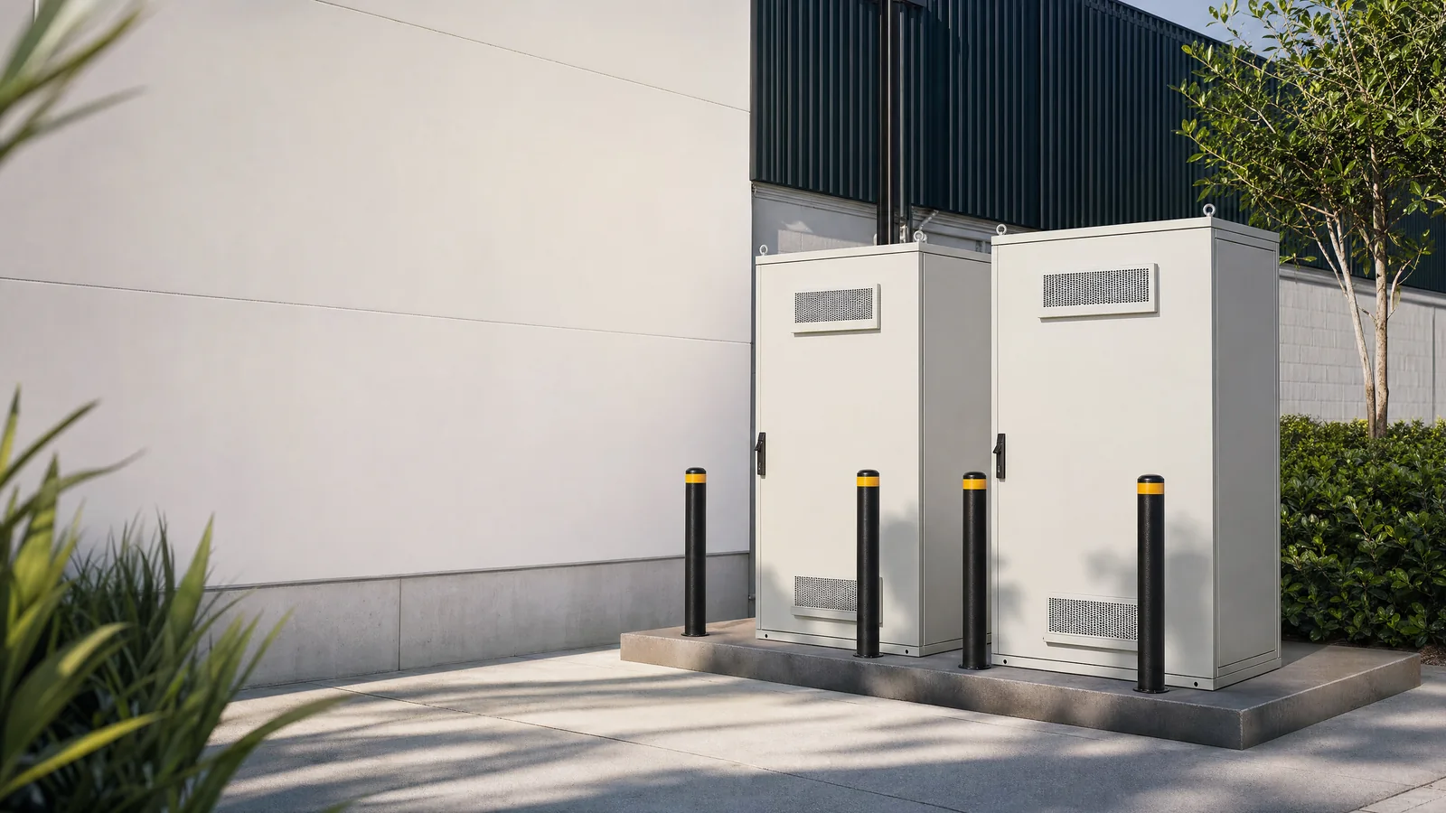 Gabinetes de sistema BESS instalados do lado externo de galpão industrial