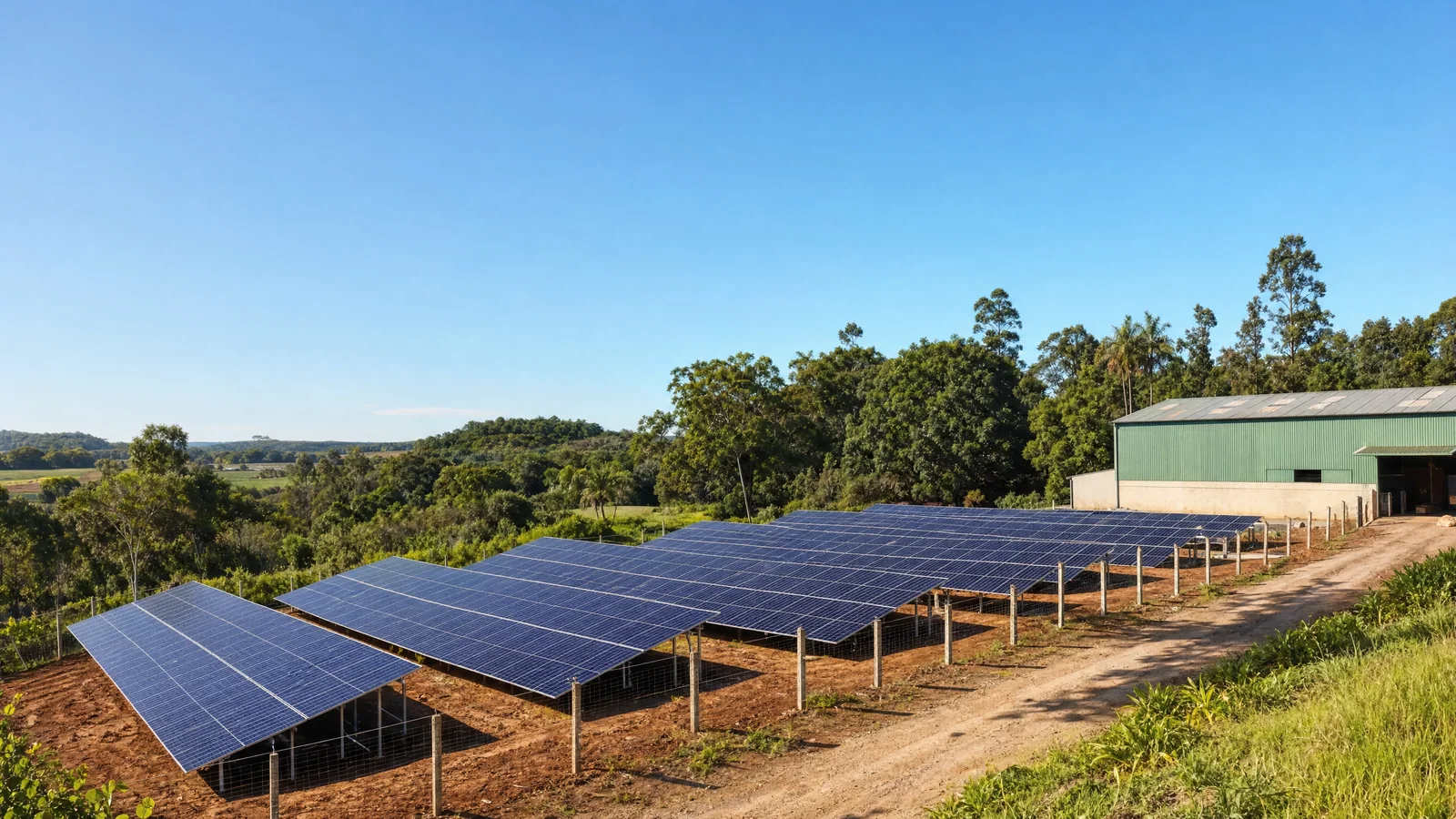 Usina fotovoltaica em área rural, vista aérea
